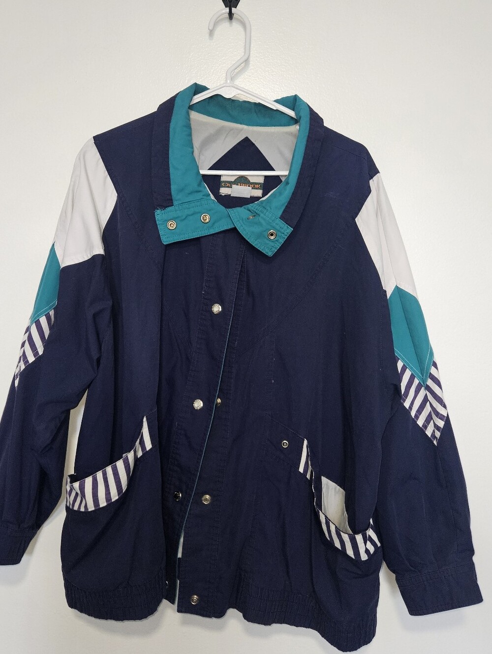 Vintage 90s Navy Windbreaker Jacket with Teal Collar and White Accents